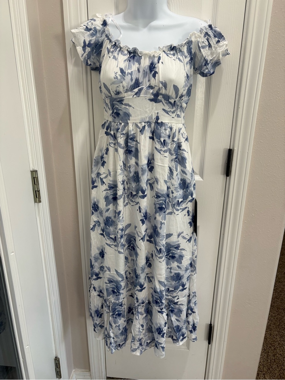 Lulu's White Delightfully Sweet Off shoulder Blue Floral Print